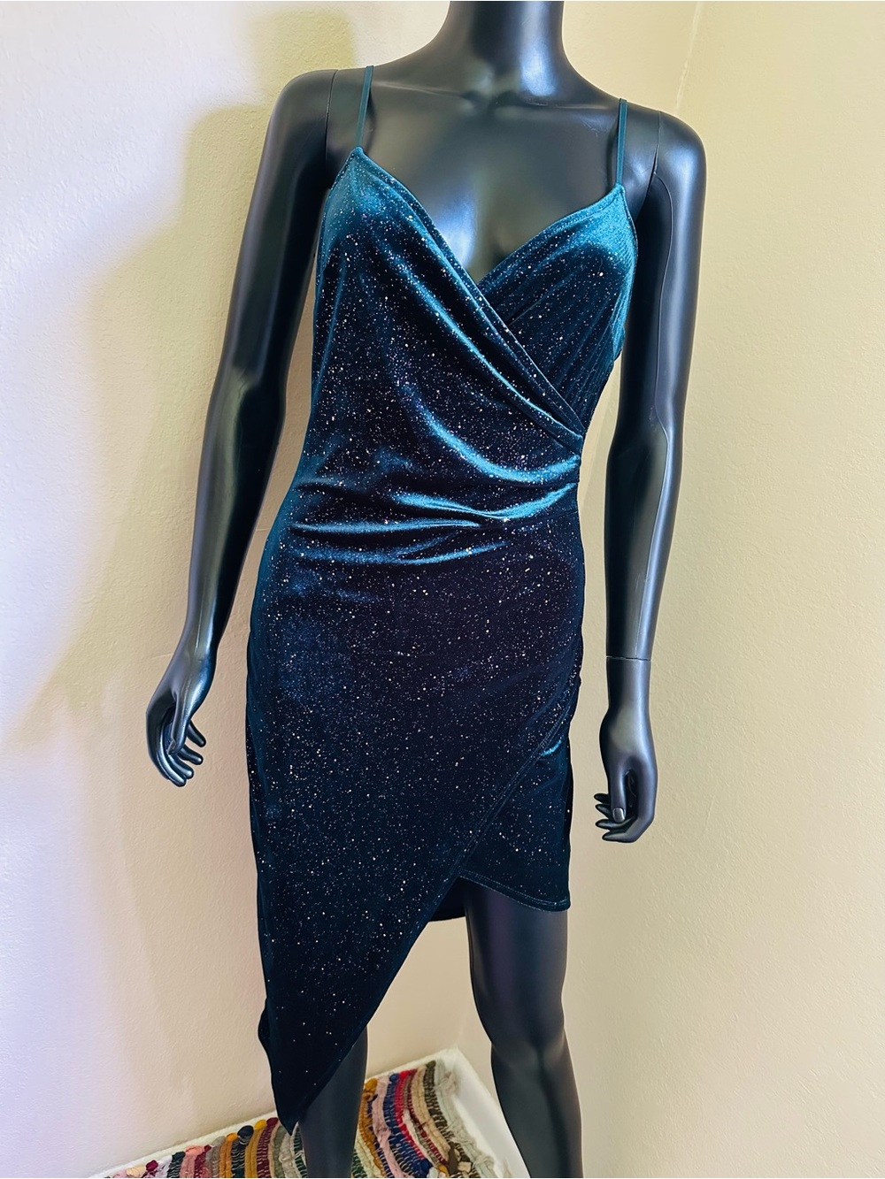 Honey and Rosie Teal Green Celestial Sparkle Asymmetrical Velvet Slip Dress